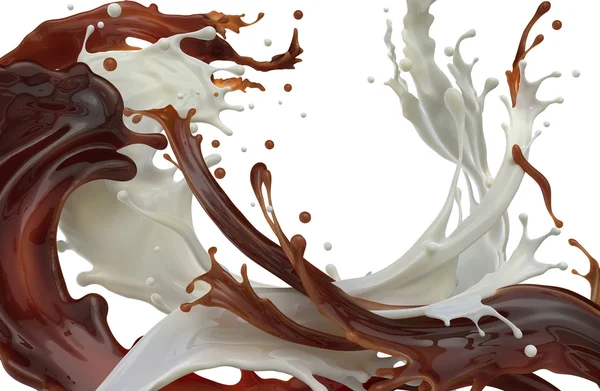 Vloeibare melk en chocolade spatten geïsoleerd op witte achtergrond — Stockfoto