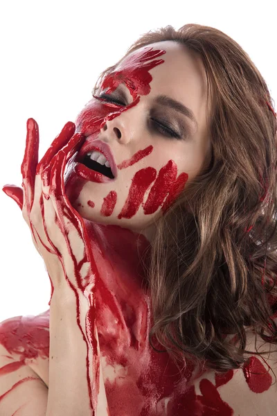 Vér borította gyönyörű lány. — Stock Fotó
