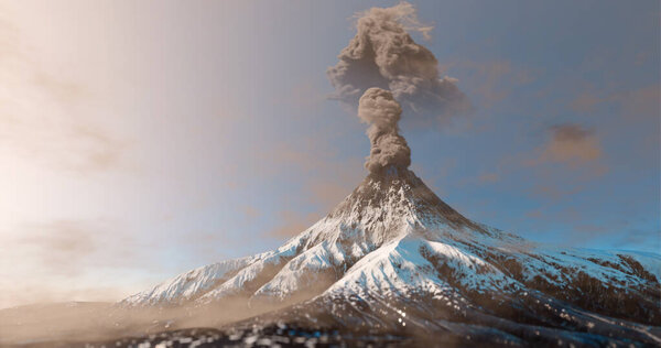 Snowy mountain volcano eruption with smoke cloud over the top