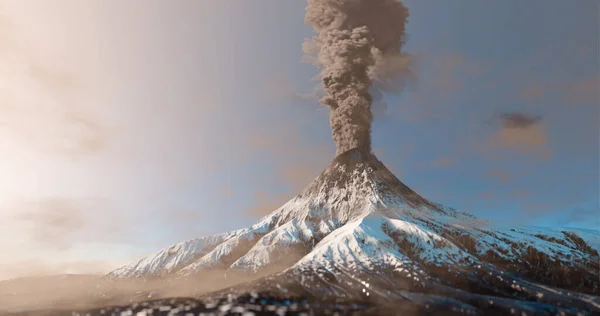 Erupción Nevada Del Volcán Montaña Con Nubes Humo Sobre Cima Imagen De Stock