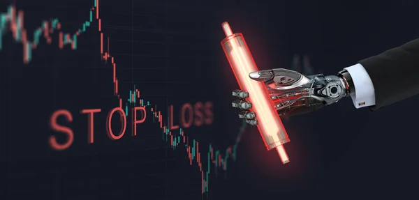 Technical analysis artificial intelligence, financial stock market robot holding japanese candlestick chart symbols Crypto trading concept