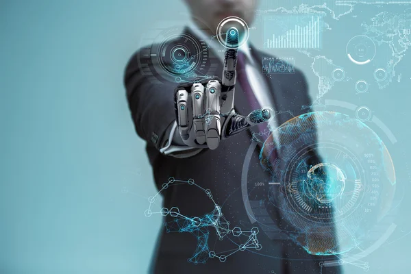 İşadamı yapay robot el ile