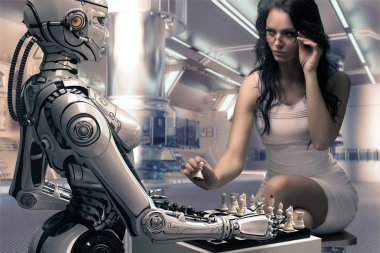 Woman Playing Chess with Robot