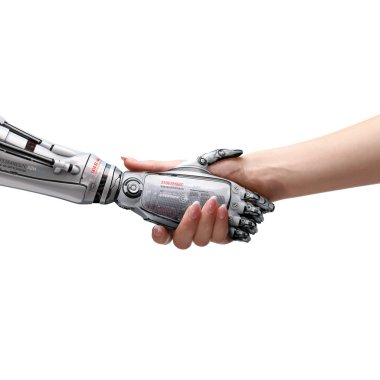 Kadın insan ve robot el sıkışma