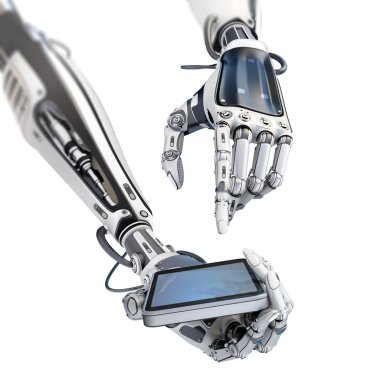 fütüristik robot holding parlak smartphone