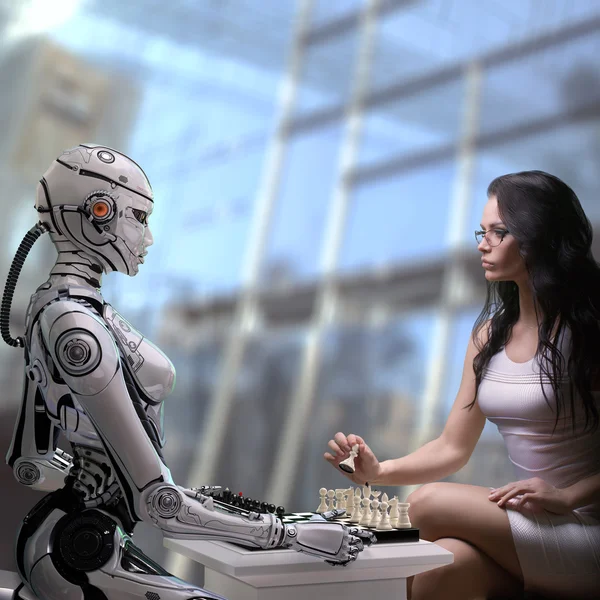 Mujer jugando al Ajedrez con Robot — Foto de Stock