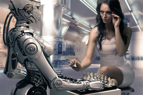 Femme jouant aux échecs avec un robot — Photo