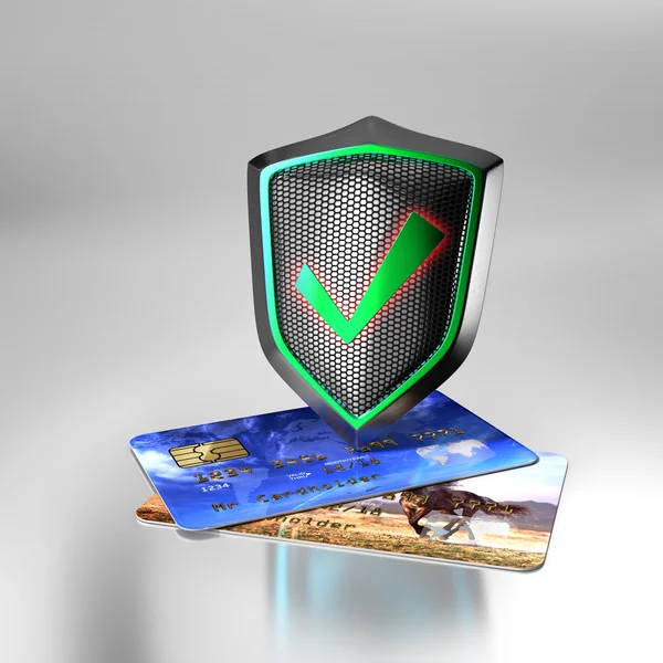 Bank creditcards beveiligd met schild — Stockfoto