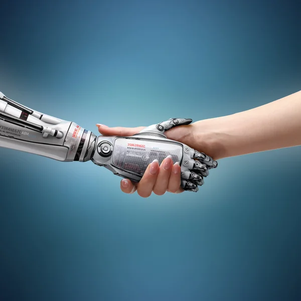 Stretta di mano umana e robot femminile — Foto Stock