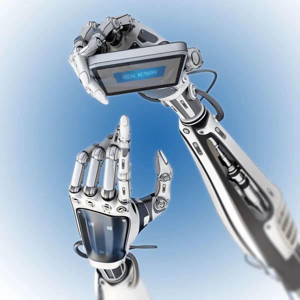 Robotul futurist deține smartphone lucios — Fotografie, imagine de stoc
