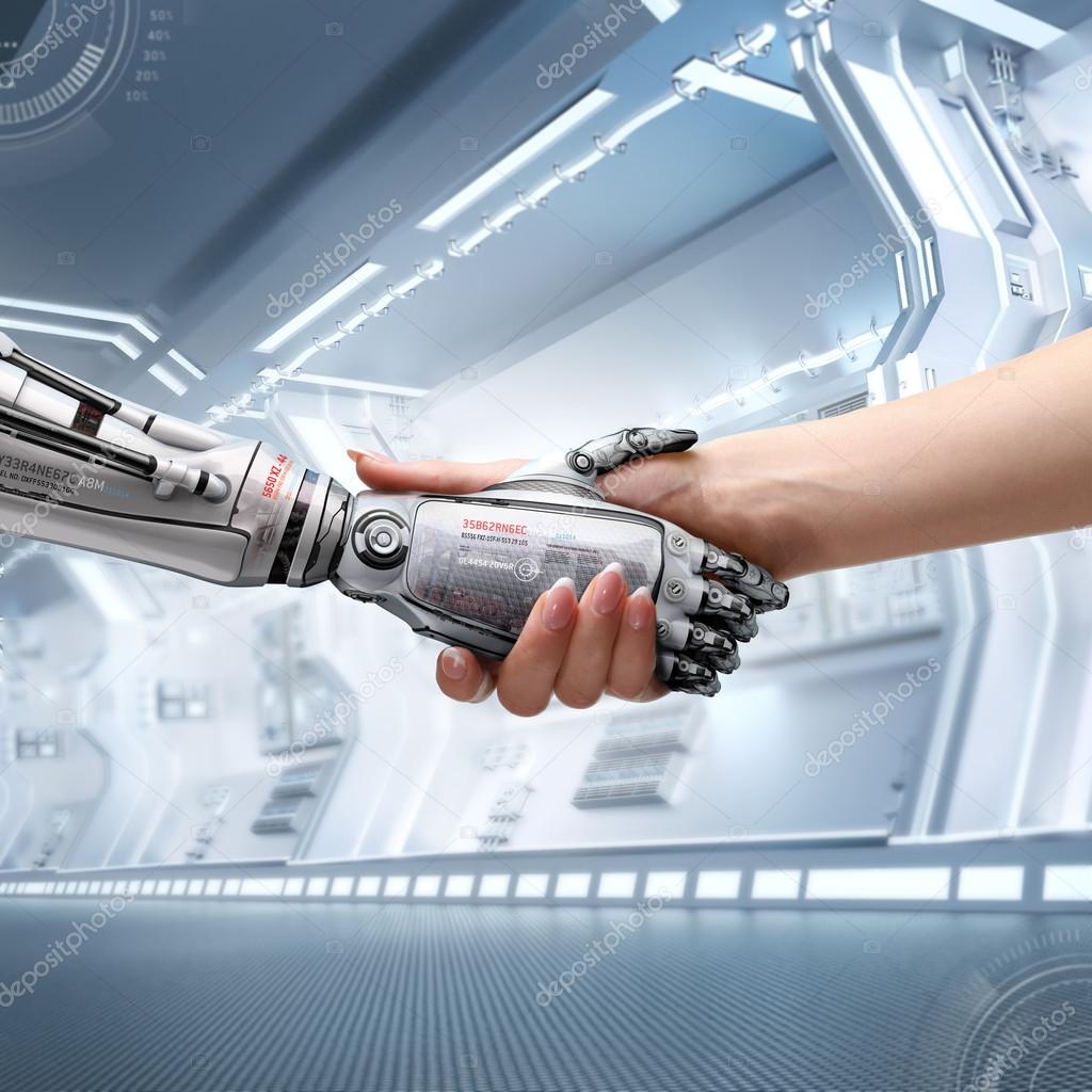 Female human and robot's handshake