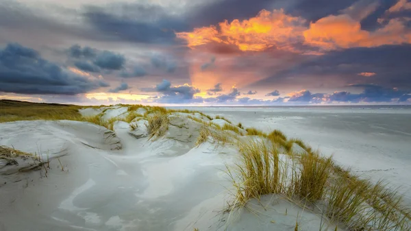 Zonsondergang op het strand met duinen en wolken — Stockfoto