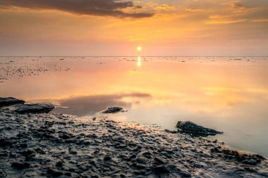 Sükunet ve huzur dolu Zen-vari günbatımı plajda, pembe ve kırmızı güzel renkte, su üzerinde yansımaları olan Wadden Denizi, Hollanda