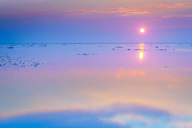 Sükunet ve huzur dolu Zen-vari günbatımı plajda, pembe ve kırmızı güzel renkte, su üzerinde yansımaları olan Wadden Denizi, Hollanda