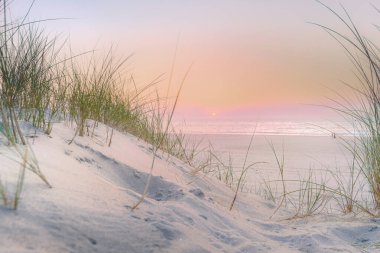 Günbatımında kum tepeleri olan kuzey deniz manzarası