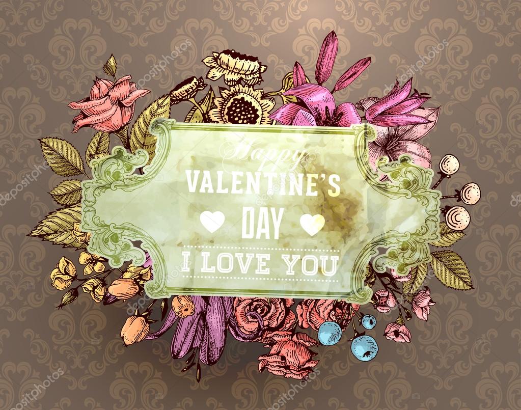 Vintage Vector Card with Engraving Flowers. Frame for Logo, Label. Retro Floral Design.