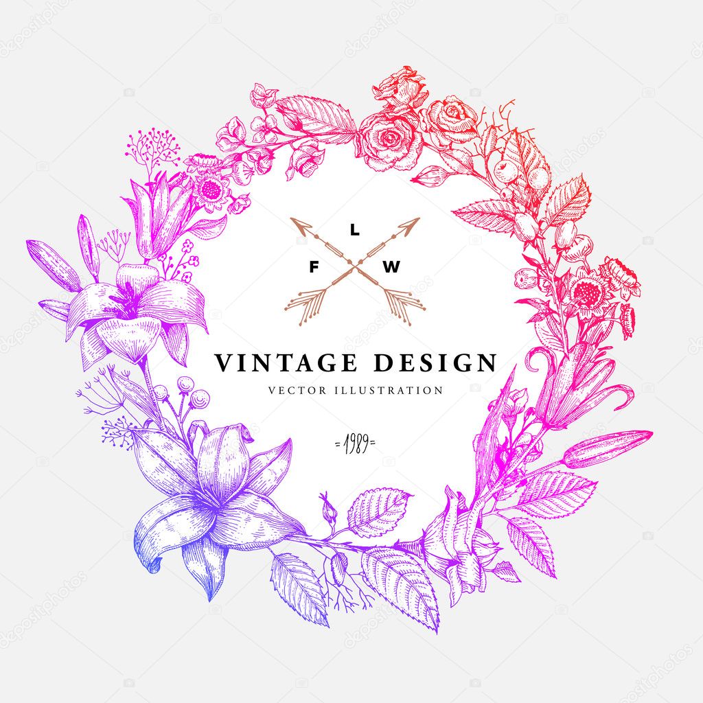 Vintage Vector Card with Engraving Flowers. Frame for Logo, Label. Retro Floral Design.