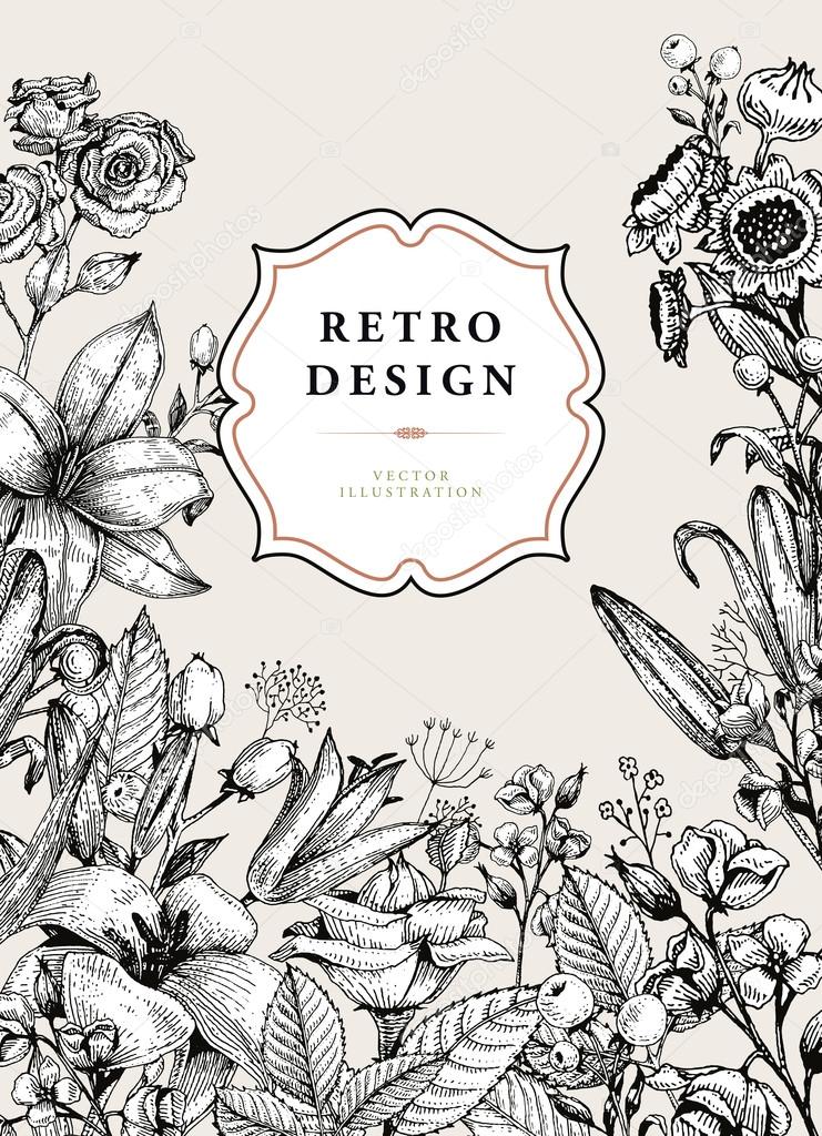 Vintage Vector Card with Engraving Flowers. Frame for Logo, Label. Retro Floral Design.