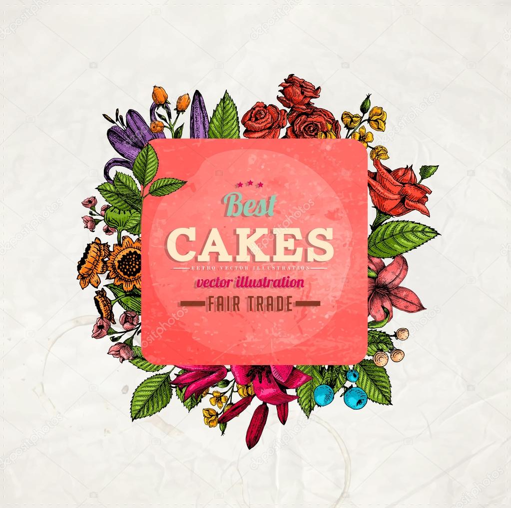 Vintage Vector Card with Engraving Flowers. Frame for Logo, Label. Retro Floral Design.