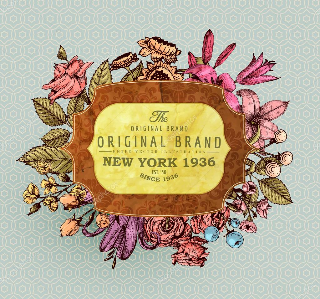 Vintage Vector Card with Engraving Flowers. Frame for Logo, Label. Retro Floral Design.