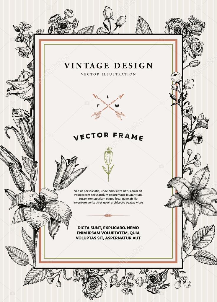 Vintage Vector Card with Engraving Flowers. Frame for Logo, Label. Retro Floral Design.