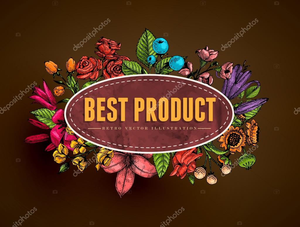 Vintage Vector Card with Engraving Flowers. Frame for Logo, Label. Retro Floral Design.