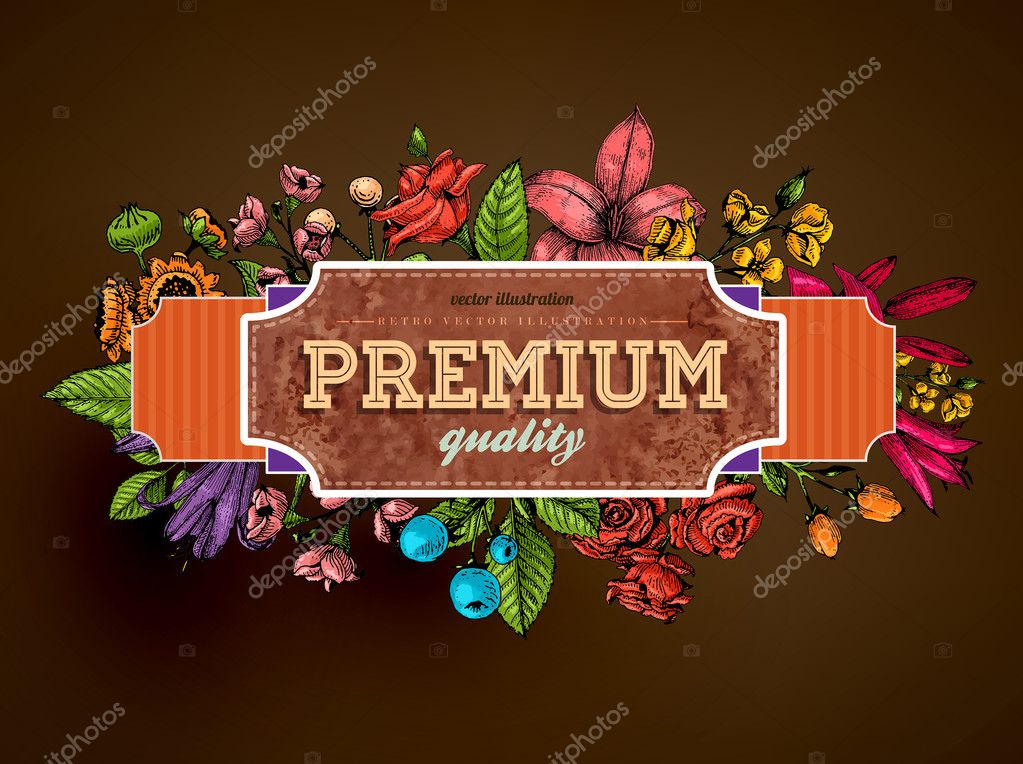 Vintage Vector Card with Engraving Flowers. Frame for Logo, Label. Retro Floral Design.