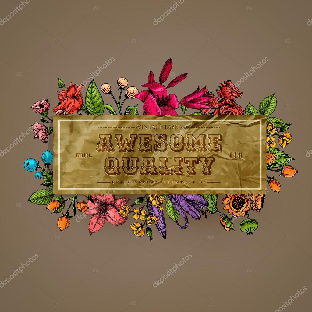 Vintage Vector Card with Engraving Flowers. Frame for Logo, Label. Retro Floral Design.