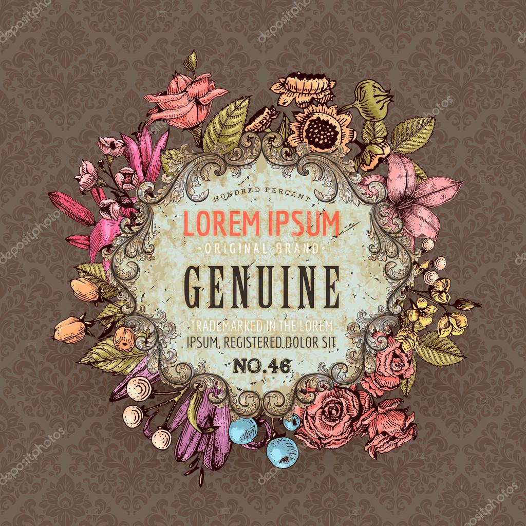 Vintage Vector Card with Engraving Flowers. Frame for Logo, Label. Retro Floral Design.