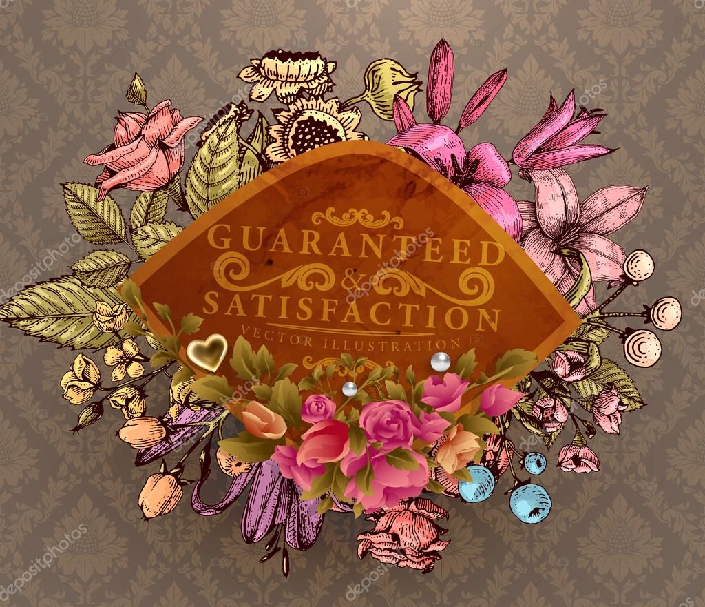 Vintage Vector Card with Engraving Flowers. Frame for Logo, Label. Retro Floral Design.