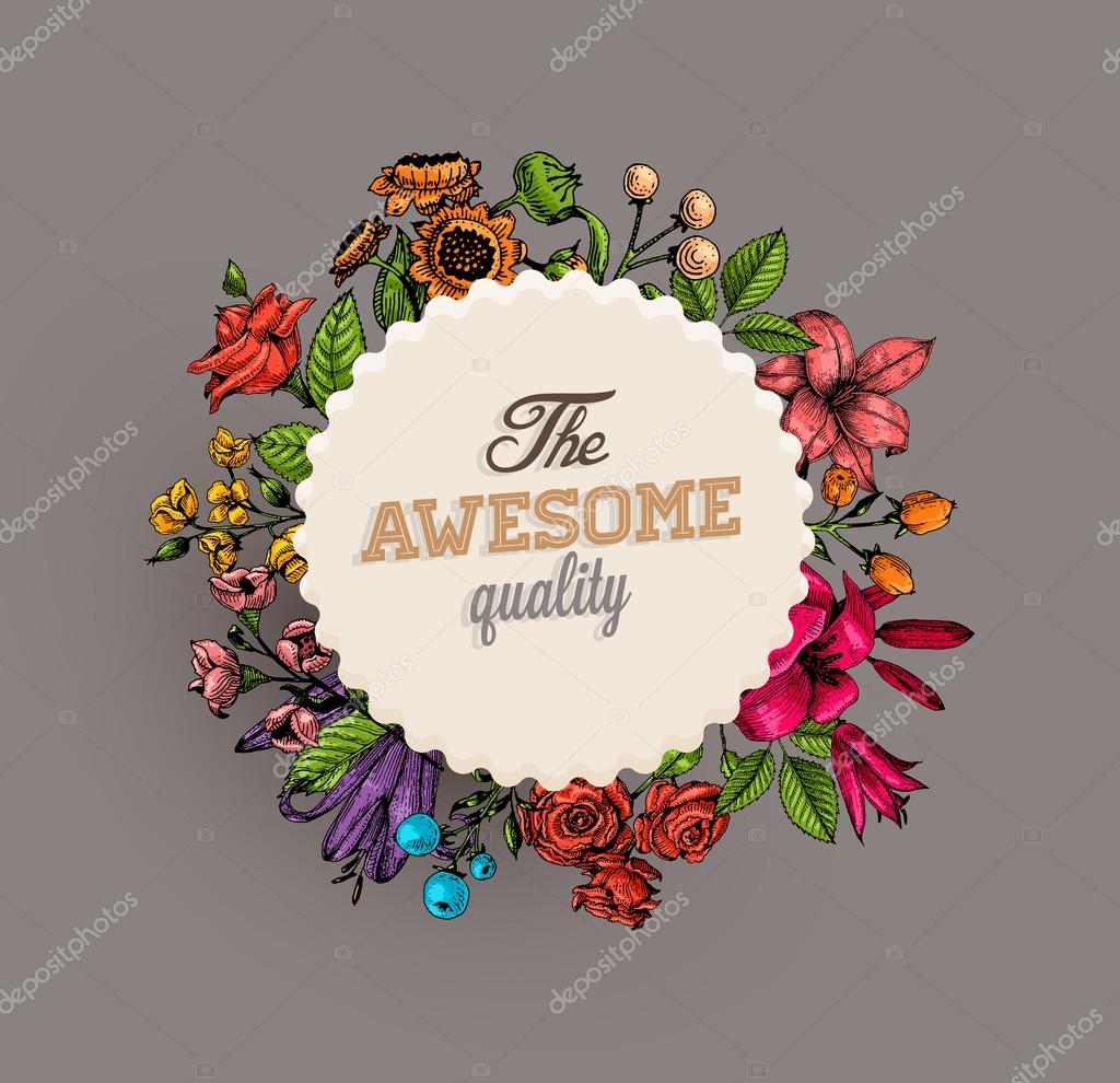 Vintage Vector Card with Engraving Flowers. Frame for Logo, Label. Retro Floral Design.