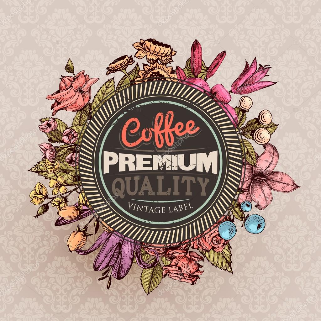 Vintage Vector Card with Engraving Flowers. Frame for Logo, Label. Retro Floral Design.