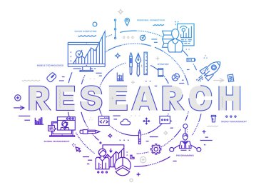 araştırma konsepti, simgeler ve öğeler 