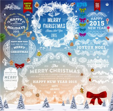 Elle çizilmiş Noel etiketleri ve öğeleri