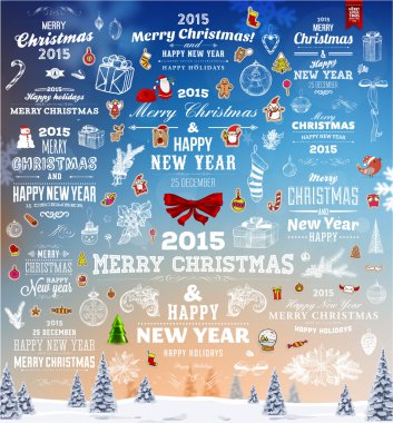 Elle çizilmiş Noel etiketleri ve öğeleri