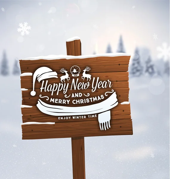 Yeni yıl etiketi ile ahşap plaket — Stok Vektör
