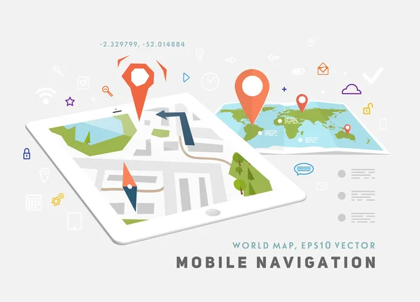 Weltkarte und mobile GPS-Navigation. — Stockvektor