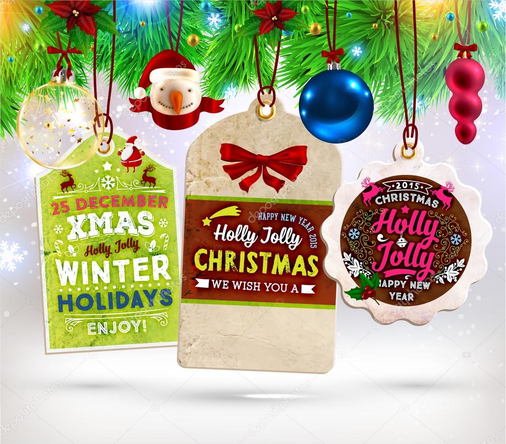 Christmas Sale Tags Set with Labels for Xmas and New Year Holiday Design. Santa Claus, Snowman, Christmas Balls and Xmas Tree.