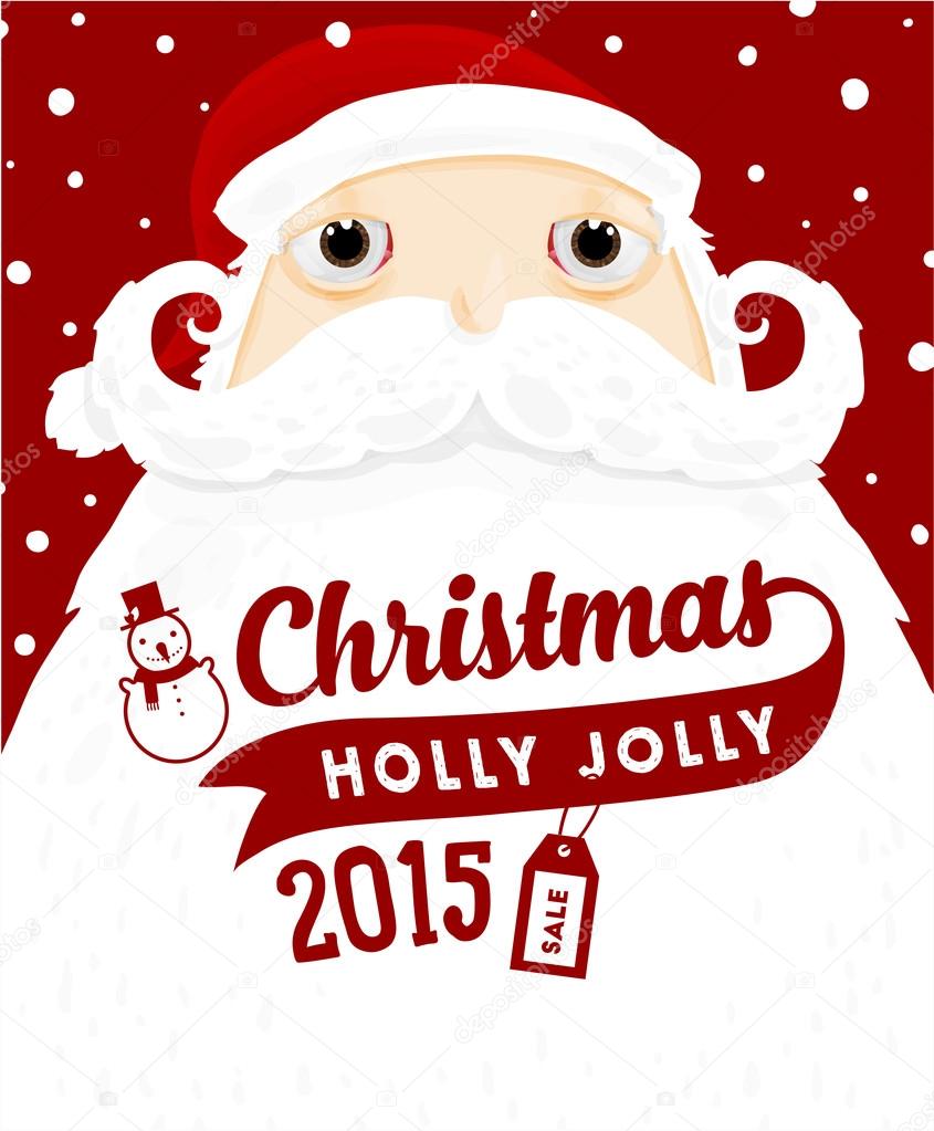 Santa Claus with Christmas Holly Jolly Sale Label on beard for Invitations and Greeting Cards. Xmas Poster, Banner, Placard or Card Template. Winter Illustration with Snowflakes