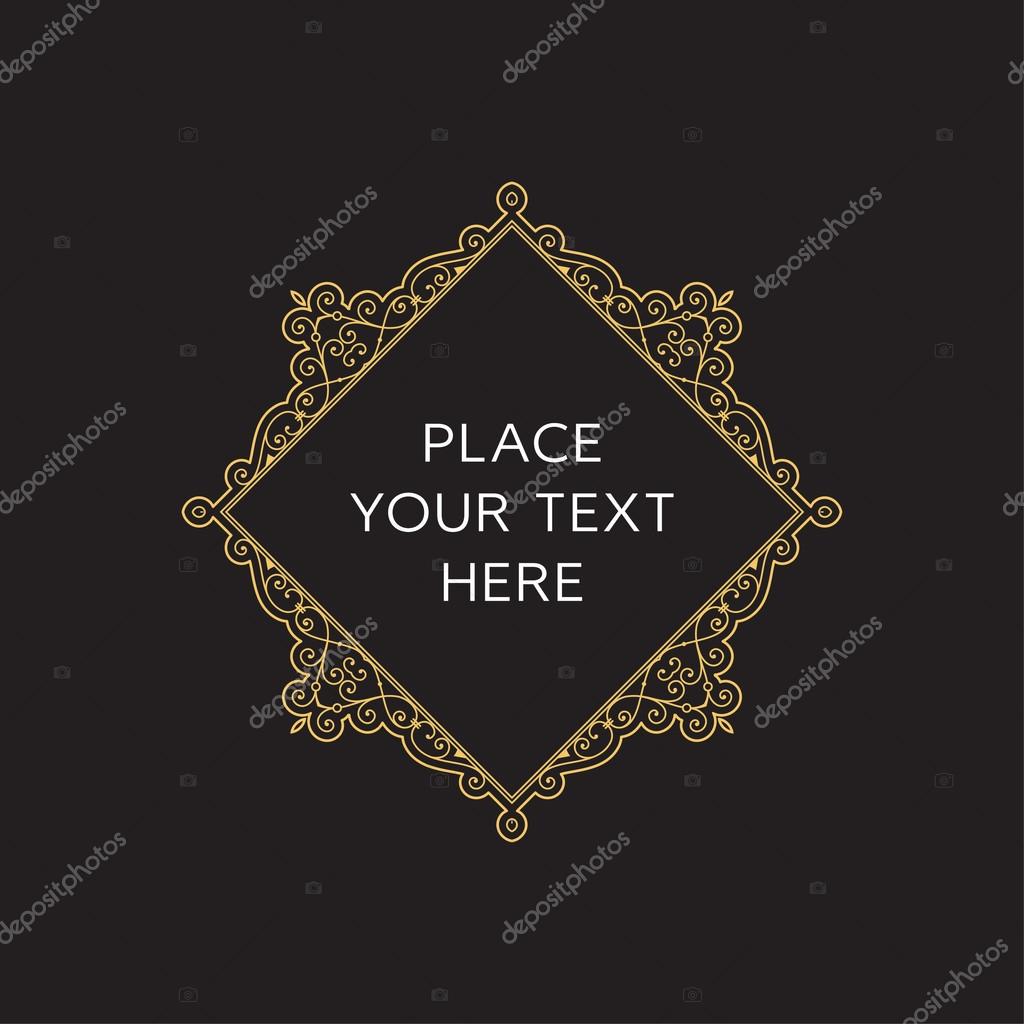 Golden Geometric Line Design Style for Hipster Art Vector Frame on black background. Art Deco Monogram and Emblem Elements. Copy Space for Text