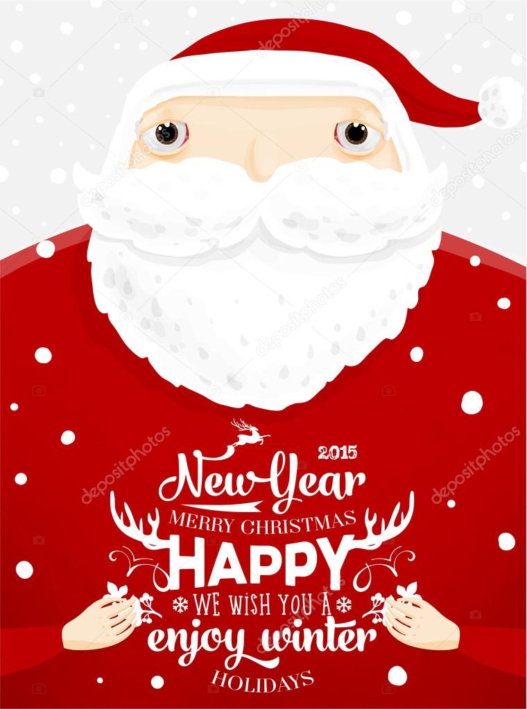 Santa Claus holding New Year Label for Holiday Invitations and Greeting Cards. Xmas Poster, Banner, Placard or Card Template. Winter Illustration with Snowflakes