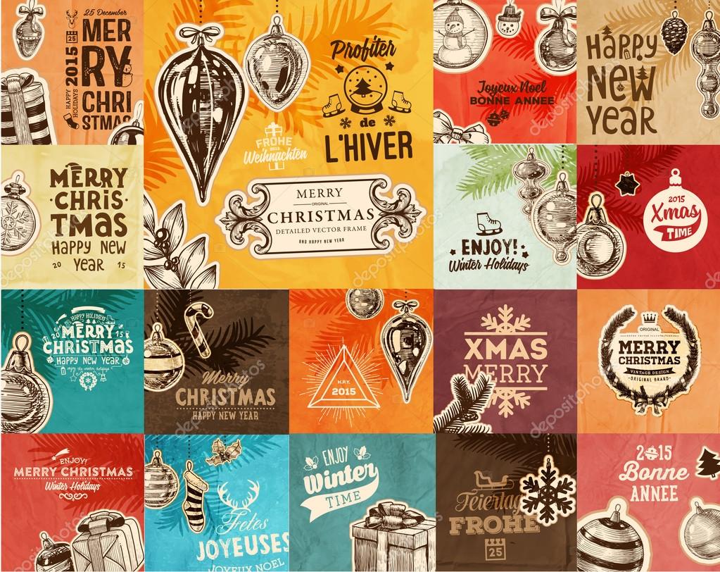 Christmas Vector Vintage Cards Set. Xmas Holiday Design, Engraving Graphic Elements. Typographic Labels for Greeting Cards, Banners and Posters Design. Old Paper Background Texture
