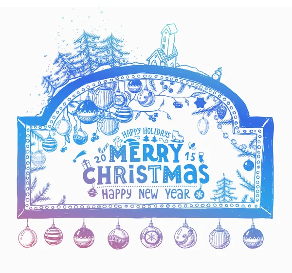 Étiquette bleu Noël dessinée à la main — Image vectorielle