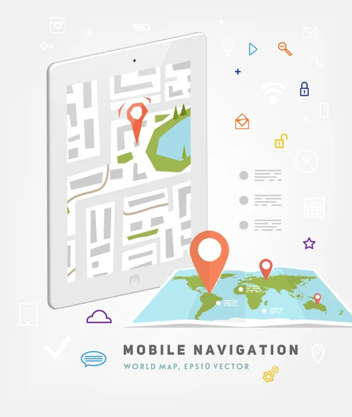 Mapa del mundo y navegación GPS móvil . — Vector de stock