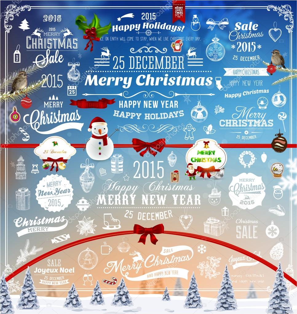 Hand Drawn Christmas And New Year Decoration Set Of Calligraphic And Typographic Designs, Labels and Elements. Symbols And Icons Collection for Holiday Greeting Cards, Banners, Posters and Placards