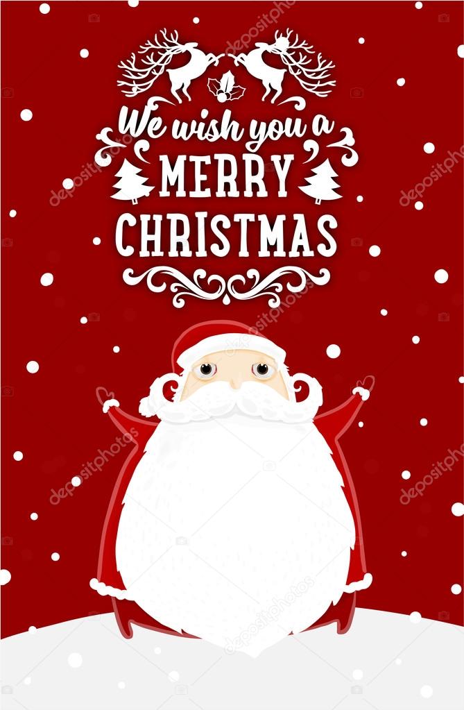 Santa Claus with Merry Christmas Label for Holiday Invitations and Greeting Cards. Xmas Poster, Banner, Placard or Card Template. Winter Illustration with Snowflakes