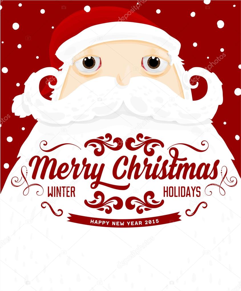Santa Claus with Merry Christmas Label on beard for Holiday Invitations and Greeting Cards. Xmas Poster, Banner, Placard or Card Template. Winter Illustration with Snowflakes
