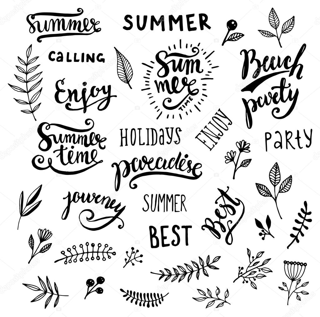 Summer Calligraphic Designs Set with Flowers, Floral Ornaments, Labels and Leaves. Retro Hand Drawn Elements for Summer Holidays Posters, Banners and Flyers. Paradise, Beach Party, Adventure Time