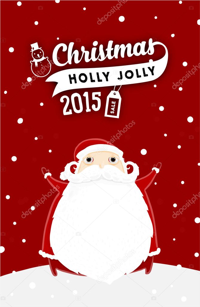 Santa Claus with Christmas Holly Jolly Sale Label for Invitations and Greeting Cards. Xmas Poster, Banner, Placard or Card Template. Winter Illustration with Snowflakes