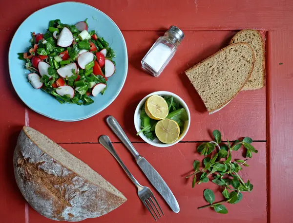 Fresh salad with bread — Stok fotoğraf